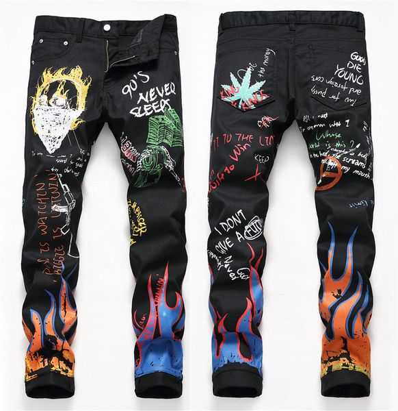 

уникального мужского тощего printed black jeans модельер doodle slim fit мотоцикл байкер hip hop джинсовые брюки брюки уличных, Blue