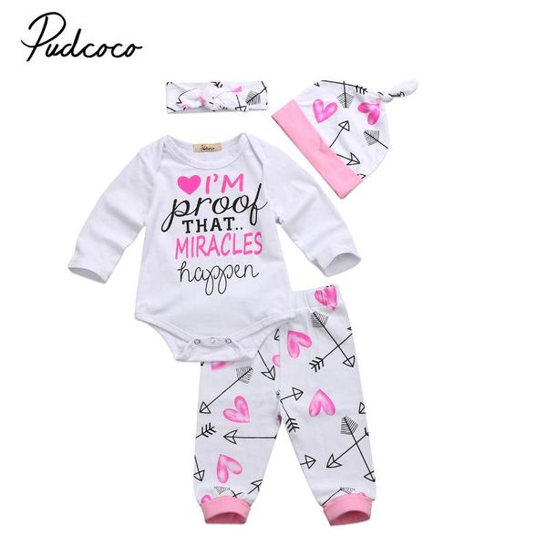 

newborn baby kids 4pcs clothing set infant baby girl outfit romper+long pants+hat clothes sets 0-2t, White