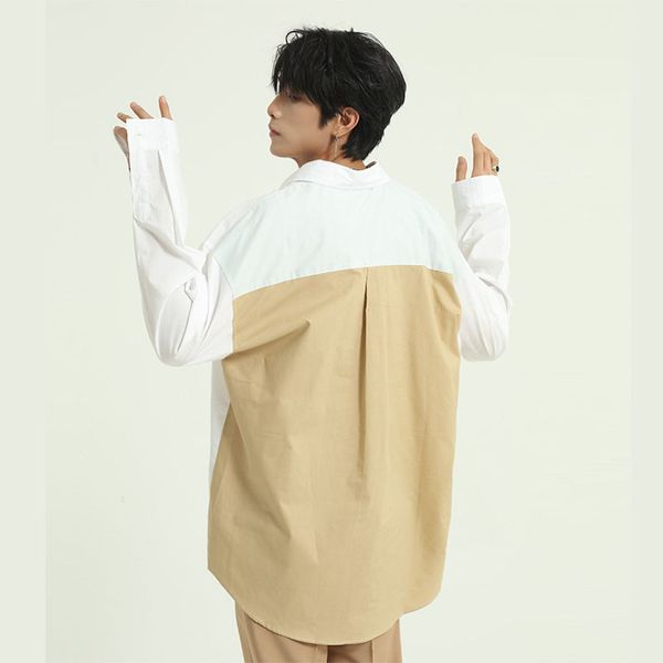 

men streetwear fashion casual long sleeve shirt male women back splice loose shirt couple clothing, White;black