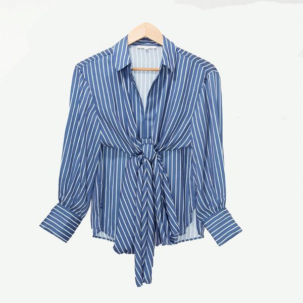 

2019 new women blue striped blouse bow tie belt fashion shirt top, White