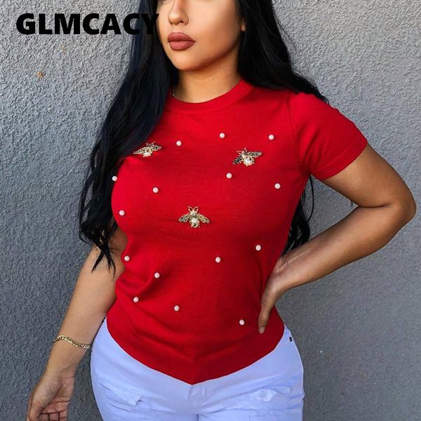 

plus size women short sleeve pearl beading tshirt ladies tee summer solid weekend casual fit round neck basic t shirt, White