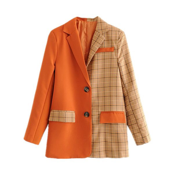 

deat 2019 women blazer plaid jacket female patchwork solid orange long sleeve ladies office work outerwear suit coat mf971, White;black