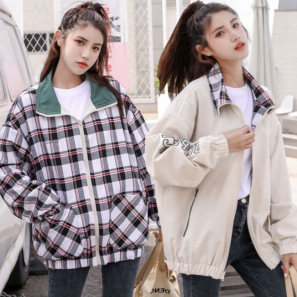 

2019 autumn new korean version of two sides wearing plaid jacket female loose bf spring and autumn tooling jacket, Black;brown