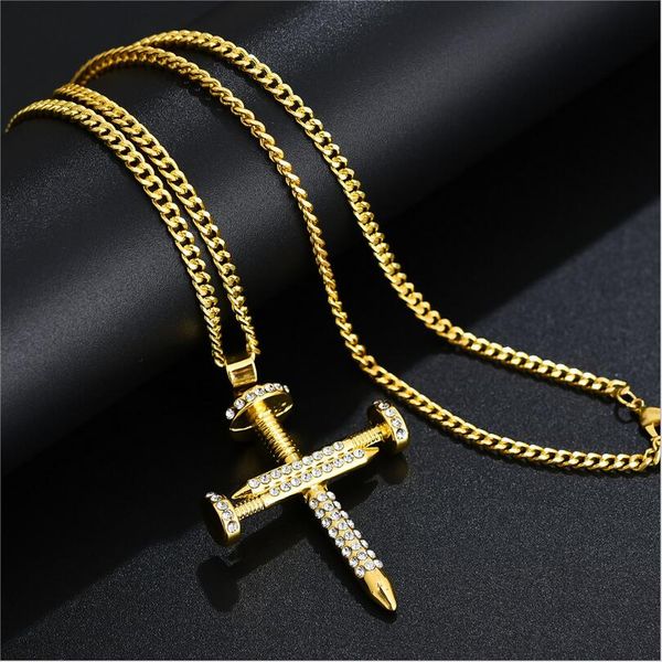 

hiphop мода золото нержавеющая сталь кристалл rhinestone nail веревка ожерелье крест ювелирные изделия для мужчин present, Silver