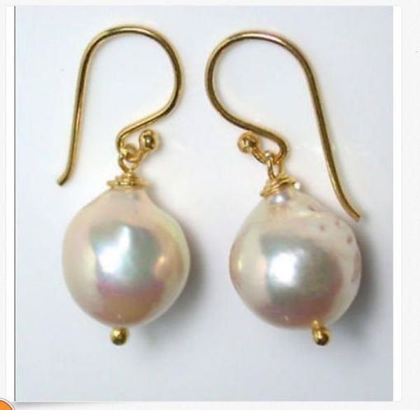 

charming 13-14mm south sea white baroque pearl earring 14k, Golden;silver