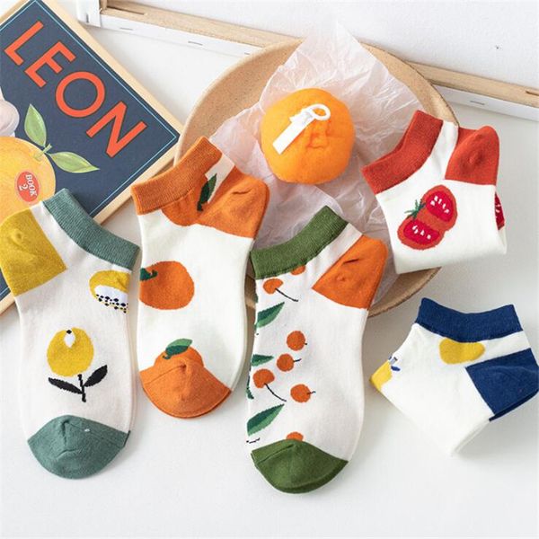 

korean style fruit cute boat socks women japanese cartoon orange cherry tomato pear low-cut cotton socks short female meias, Black;white