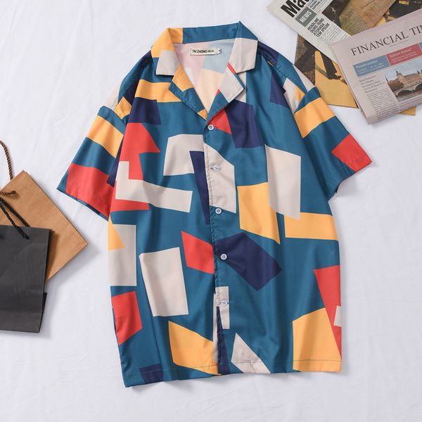 

oscn7 casual plaid printed short sleeve shirt men street 2020 hawaii beach oversize women fashion harujuku shirts for men 442, White;black