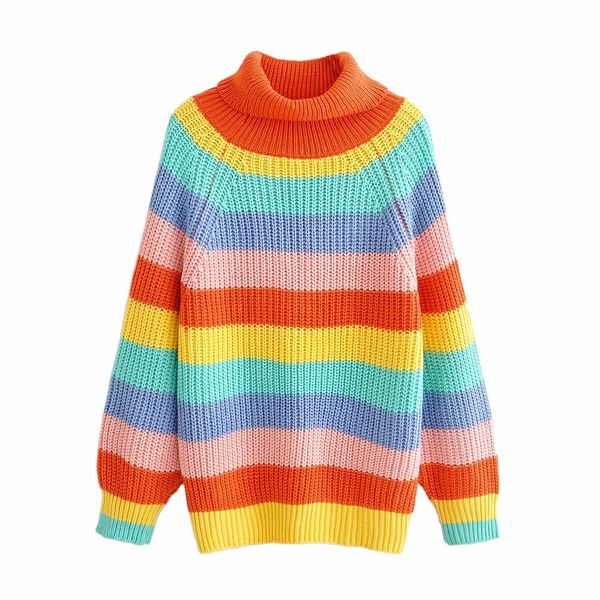 

oversize women stripe rainbow knitted sweater ladies vintage street-wear turtleneck knitwear pullovers female feminine, White;black