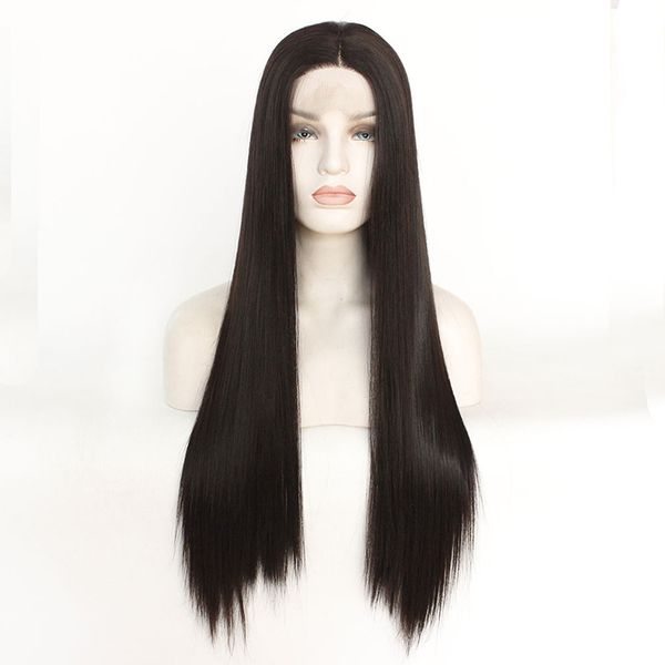

long straight lace front wigs centre parting brown 14''-26'' heat resistant synthetic lace wig high quality, Black