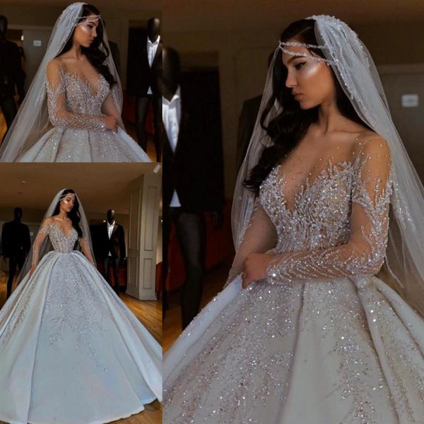

shinning sheer long sleeves wedding dresses sequins appliques beads ball gown bridal dress floor length wedding vestidos, White