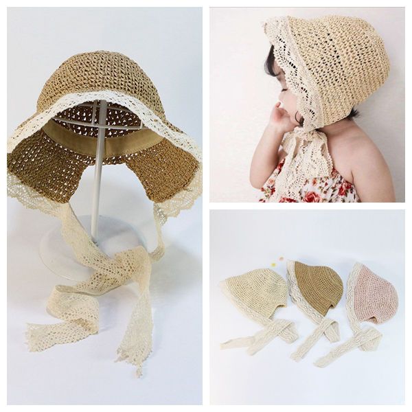 

children's fisherman hat summer lace tie sunshade cap baby girl sunscreen beach hat fashion party straw hat stingy brim hats cca11792, Blue;gray