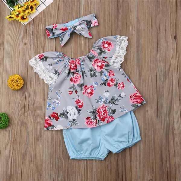 

toddler baby girls clothes floral print lace short sleeve round neck t-shirts bow shorts geometry headband 3pc summer outfits, Pink;blue