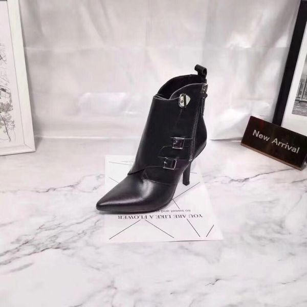 

fashionville ~ 2019090403 black genuine leather pointed heel buckles zippy heel short boots