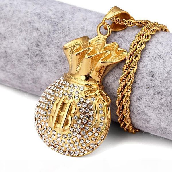 

18k gold plated purse pendant necklace rhinstone us dollar sign cool fashion usd money bag shape hip hop men jewelry for gifts, Silver