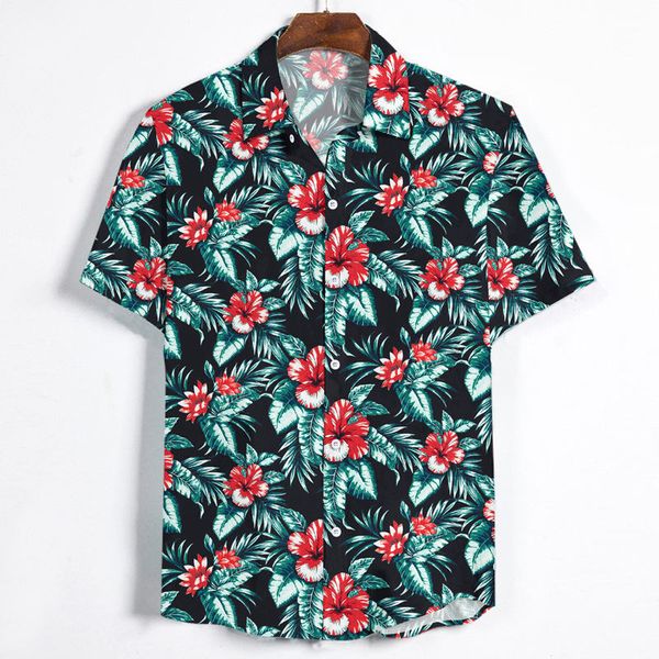 

male summer shirts for men hawaiian print party dress shirts loose cotton short sleeve lapel tropic beach surfing floral, White;black