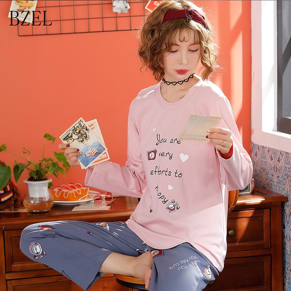

bzel winter long sleeved pajamas set cute house clothes round neck ladies warm sleepwear suit cartoon home clothing nightwear, Blue;gray