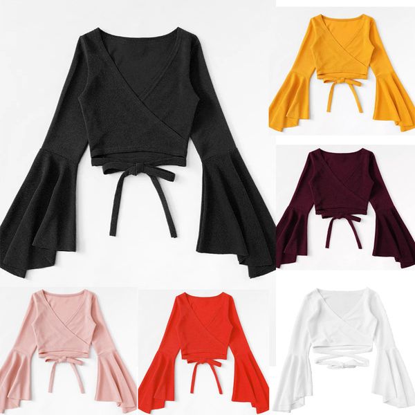 

women summer elegant long sleeve solid flare sleeve knitted ribbed wrap blouse, White