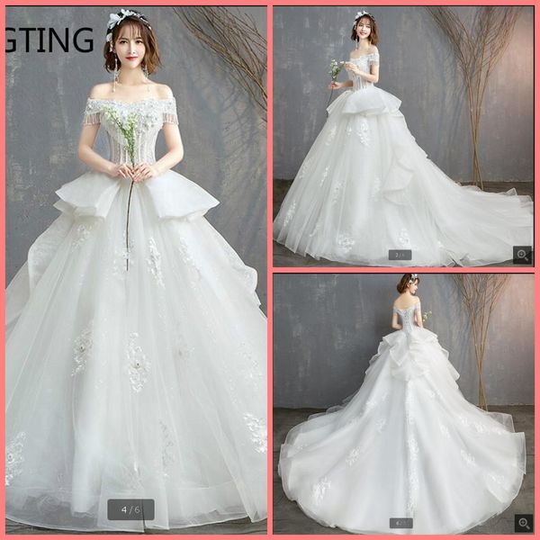 

2020 luxury white lace ball gown wedding dress modest appliques beading ruffled short sleeve bridal gowns custom made wedding dress