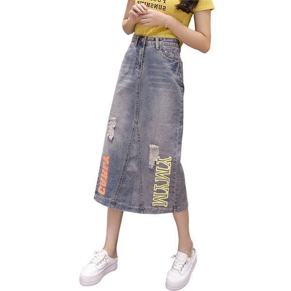 

lake blue denim skirts long fair maiden temperament in the denim skirt shuhua460, Black;gray