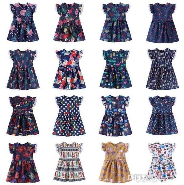

17 styles ins baby girls dress lace flying sleeves princess dresses summer flower printed cartoon kids party dress, Red;yellow