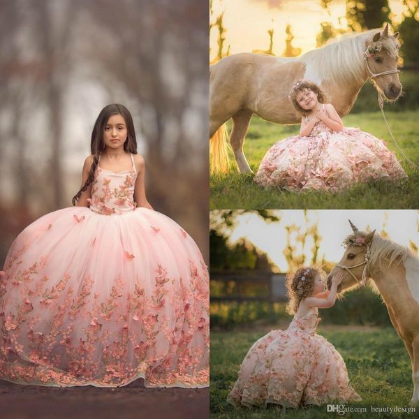 

blush pink girl ball gown pageant dresses butterfly 3d appliques lace toddlers girls gowns first holy communion dress for wedding, White;red