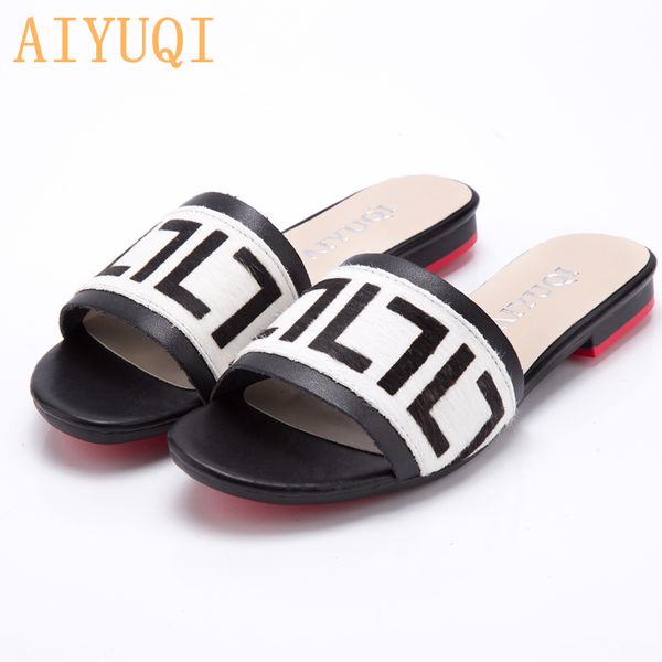 

aiyuqi women slippers 2020 new summer genuine leather flat women slides mohair casual outdoor slippers women shoes, Black