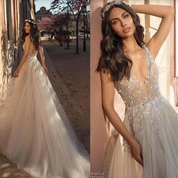 

julie vino 2020 boho wedding dresses v neck illusion lace sequined tulle sweep train beach bridal gowns backless vestido de novia, White