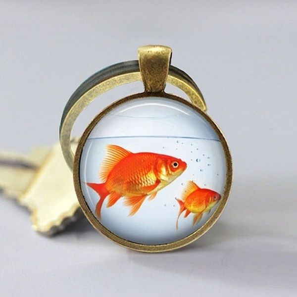 

small goldfish time gem key chain fashion black bead chain pendant key accessories stainless steel, Silver