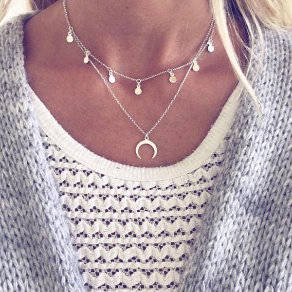 

moon necklaces & pendants glossy round statement necklace bohemian double layer choker necklace fashion ethnic collares vintage, Golden;silver