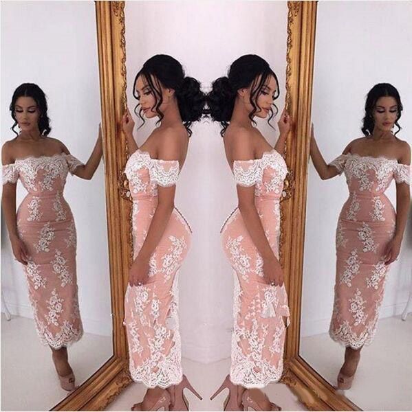 

2020 lace tea length party wear cocktail dubai arabic style off shoulder sheath short prom dresses plus size bridesmaid dresses, Black