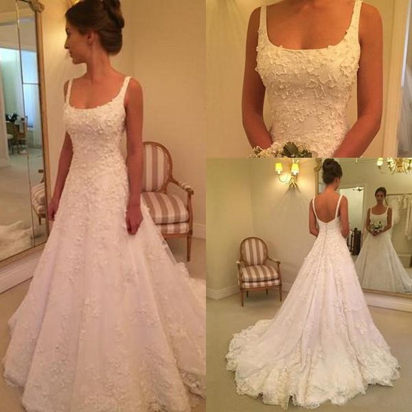 

robe de mariee wedding dresses Long Section Spaghetti A Line Square Neck Lace Embroidery Tiered Skirts Wedding Gowns