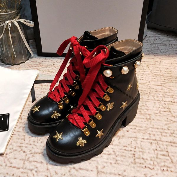

new arrival brand women boots luxury designer thick heel desert platform boot bee star genuine leather winter shoe size 35-41, Black