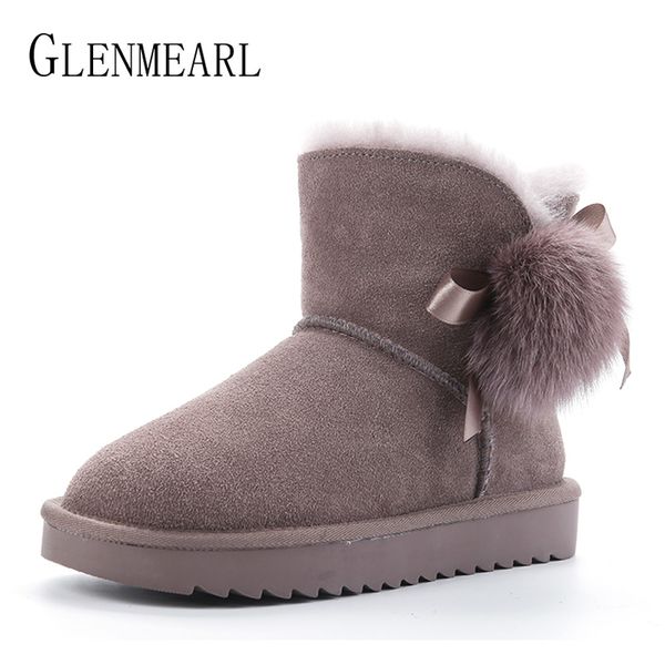 

luxury women snow boots genuine leather australia classic woman boots real fur wool winter shoes warm ankle platform plus, Black