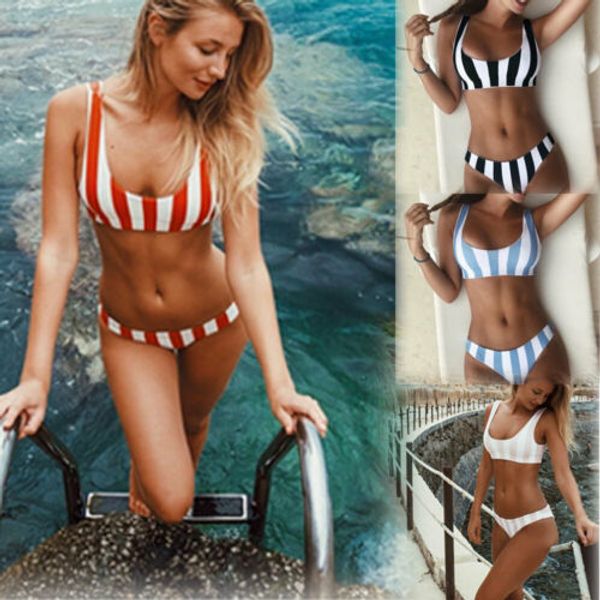 

women push-up padded bra stripes low waist bikini set triangle swimwear swimsuit bathing beachwear