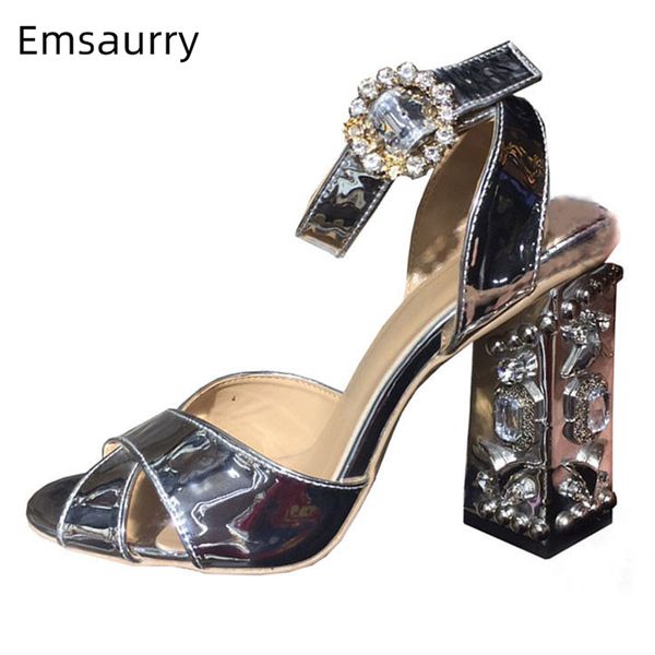 

cross-belt ankle strappy banquet shoes woman gold patent leather metal decor crystal diamond chunky heel summer sandals women, Black