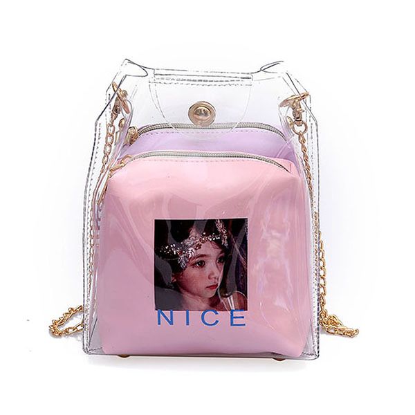 

women small bucket bags spray map plastic transparent totes composite chain bag mini jelly handbags pink