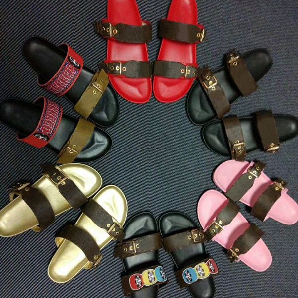 

designer sandals bom dia flat mule slide sandal fashion women gold buckles letter print leather summer slippers big size 35-42 no35, Black