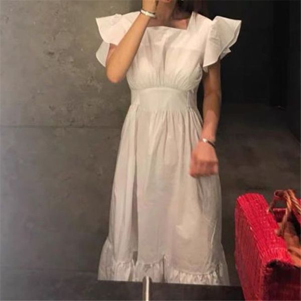 

casual dresses summer 2021 vintage midi long dress backless square collar short sleeve lace up elegant chic fashion, Black;gray