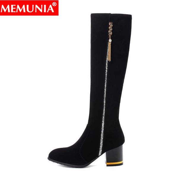 

memunia fashion autumn winter boots round toe zip knee high boots thick high heels flock ladies autumn winter 2020, Black