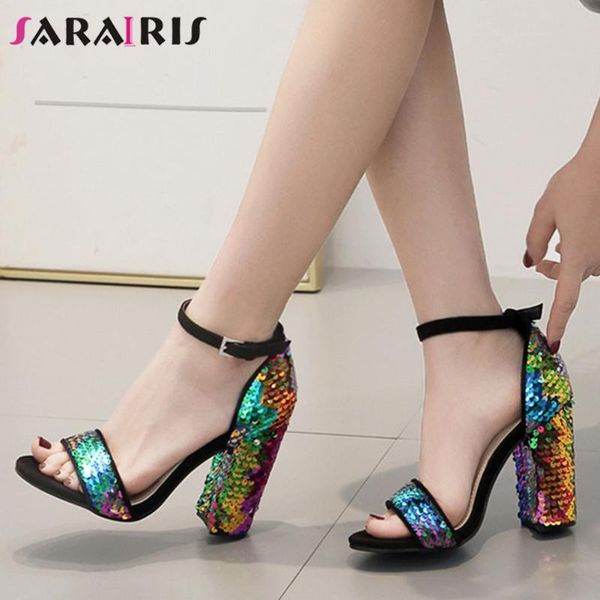 

sarairis evening sandals new fashion shining bling sandals women for party cool high block heels shoes woman, Black