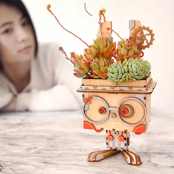 

robotime 5 types cute animal robot flower pot children creative 3d wooden puzzle game models & building kits toy ft y200414