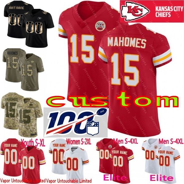 

100th anniversary custom chief men youth women kansas city patrick mahomes tyreek hill travis kelce eric berry camo elite limited jersey, Black;red