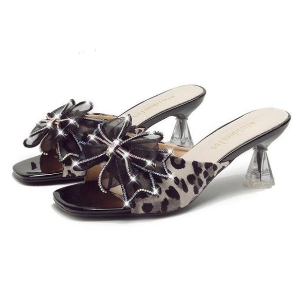 

2020 new summer female wild wear slippers with open toes slippers rhinestone bow stiletto outdoor high heel, Black