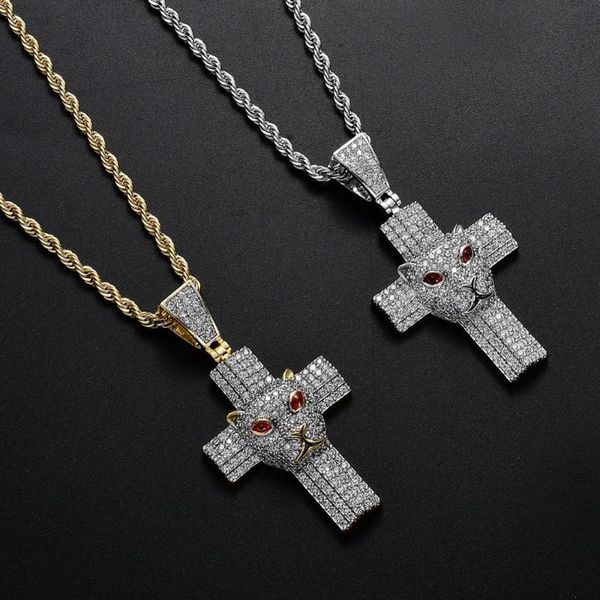 

explosion hip hop accessories leopard head cross pendant copper inlaid zircon necklace hip hop factory direct sales, Silver
