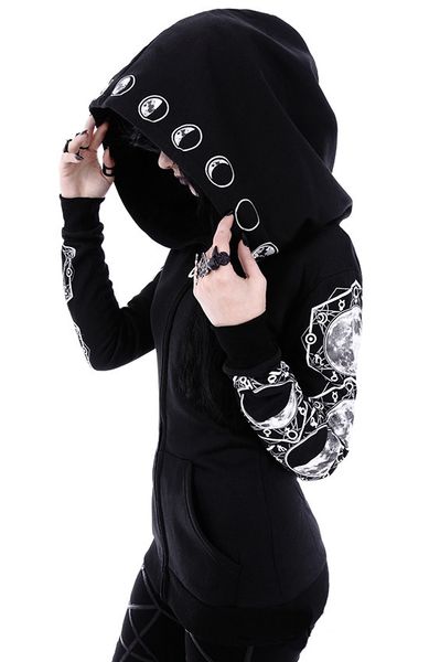

women casual hoodies punk gothic hoodie sweatshirt witch moon girls black long sleeve goth oversized zipper clothes plus size