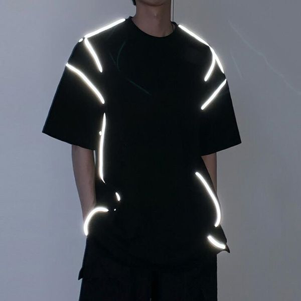 

summer 2020 new personality cotton reflective t-shirt men night light harajuku fashion o-neck short sleeve male t shirt tee, White;black