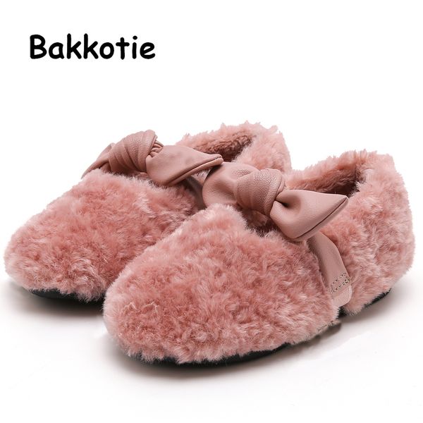 

bakkotie 2019 winter new toddlers mary jane flats baby girls fashion fur shoes children sweet bowtie pink princess warm shoes, Black;grey