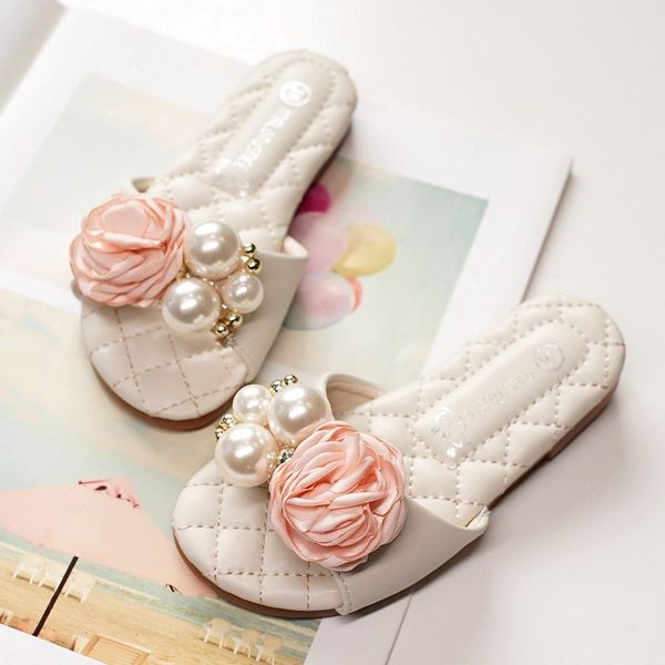 

summer girls pearl sandals fashion flowers home slippers baby children casual shoes for kids princess non-slip leather slipper, Black;red
