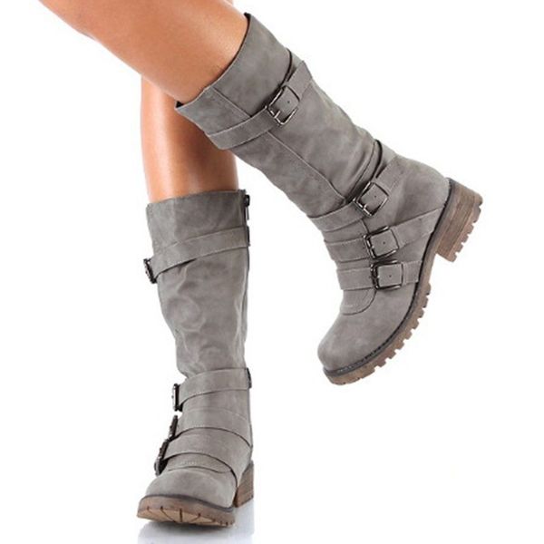 

autumn winter women shoes fashion buckle strap mid calf boots ladies vintage flock leather platform boots plus size botas mujer, Black