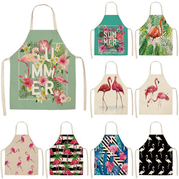 

1pcs flamingo pattern kitchen aprons woman kids cotton linen bibs home cooking bbq apron cleaning accessory 53*65cm